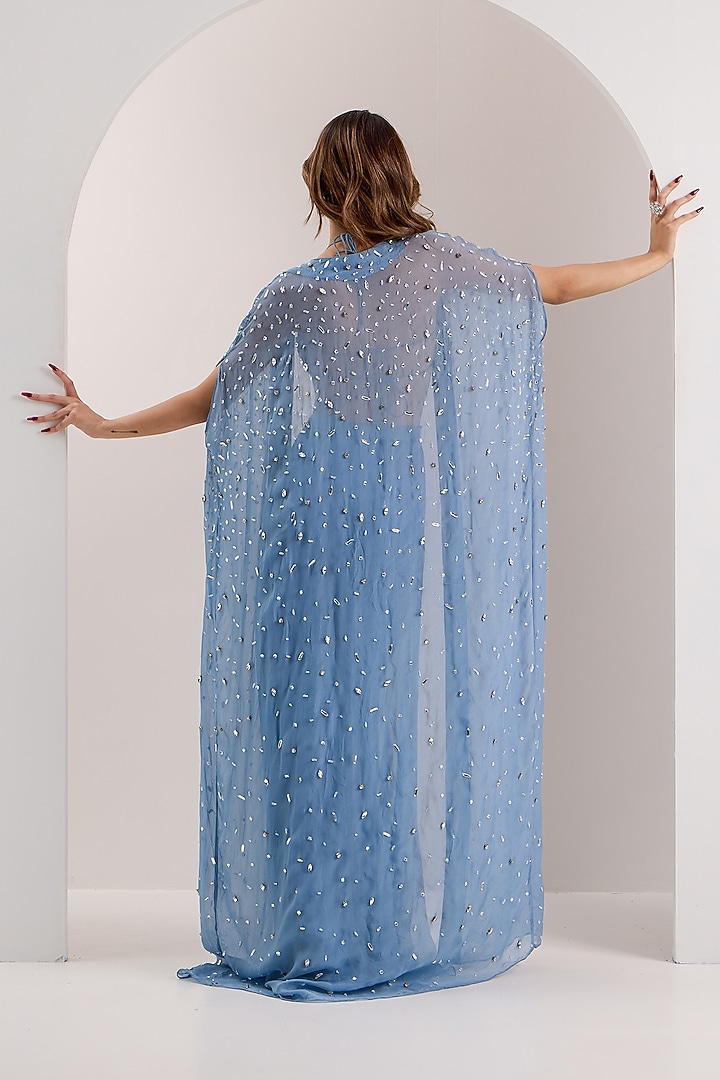 Blue Shimmer Chiffon Embroidered Cape Set by Silky Bindra at Pernia's Pop Up Shop