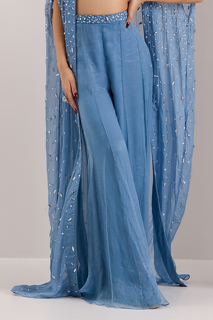 Blue Shimmer Chiffon Embroidered Cape Set by Silky Bindra at Pernia's Pop Up Shop