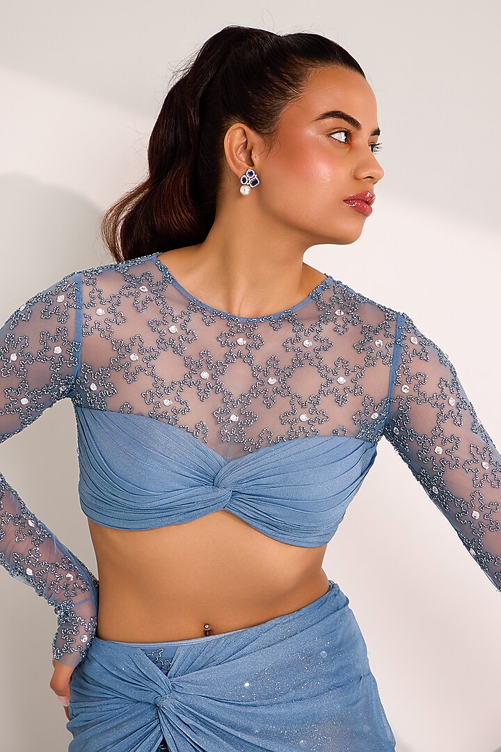 Blue Soft Net Cutdana Embroidered Knotted Skirt Set by Silky Bindra at Pernia's Pop Up Shop