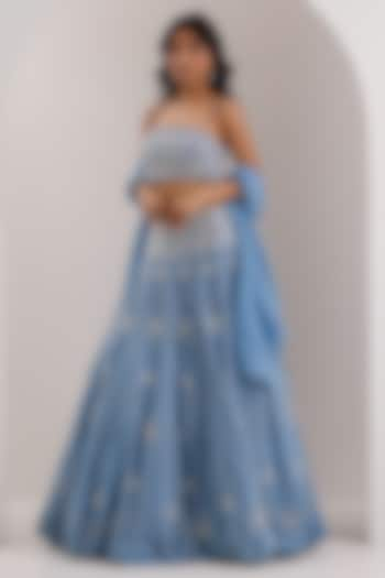 Blue Organza Embroidered Wedding Lehenga Set by Silky Bindra at Pernia's Pop Up Shop