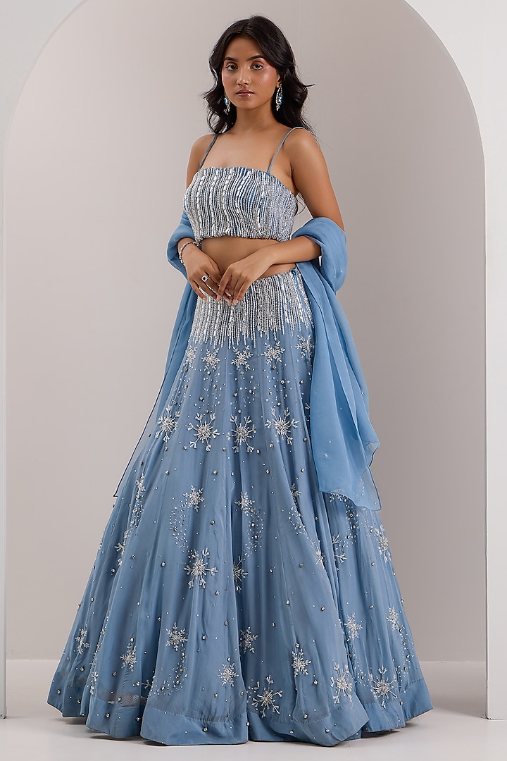 Blue Organza Embroidered Wedding Lehenga Set by Silky Bindra at Pernia's Pop Up Shop