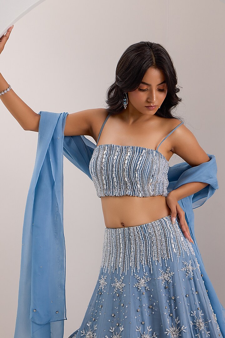 Blue Organza Embroidered Wedding Lehenga Set by Silky Bindra at Pernia's Pop Up Shop
