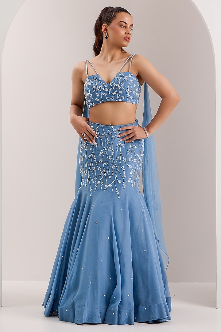 Blue Shimmer Chiffon Cutdana Embroidered Mermaid Wedding Lehenga Set by Silky Bindra at Pernia's Pop Up Shop