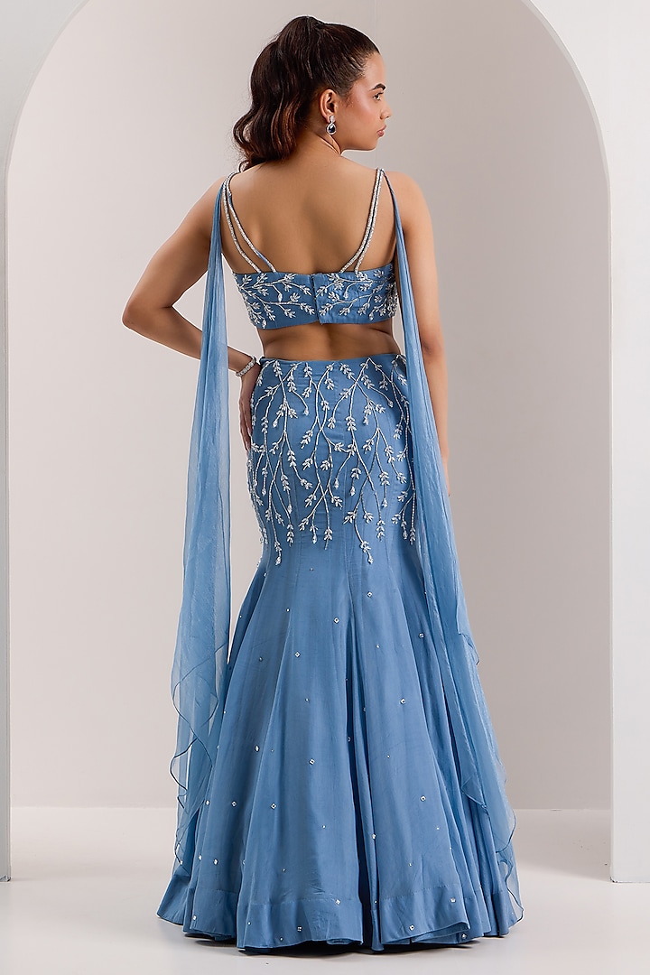 Blue Shimmer Chiffon Cutdana Embroidered Mermaid Wedding Lehenga Set by Silky Bindra at Pernia's Pop Up Shop