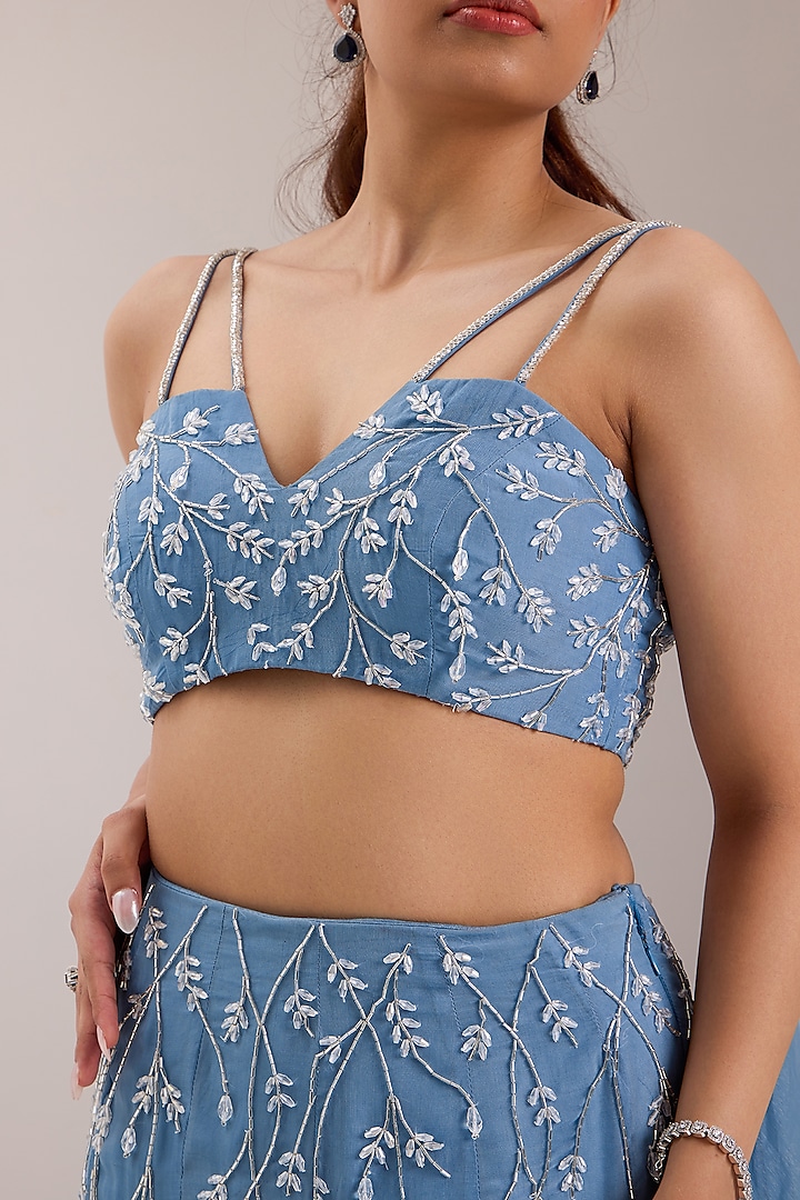Blue Shimmer Chiffon Cutdana Embroidered Mermaid Wedding Lehenga Set by Silky Bindra at Pernia's Pop Up Shop
