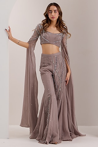 Grey Organza Embroidered Flared Pant Set by Silky Bindra