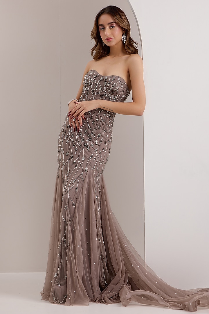 Grey Soft Net Crystal Embroidered Corset Godet Gown by Silky Bindra at Pernia's Pop Up Shop