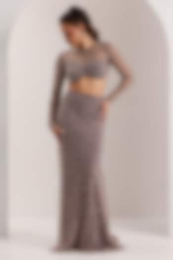 Grey Soft Net Embellished Bodycon Skirt Set by Silky Bindra at Pernia's Pop Up Shop