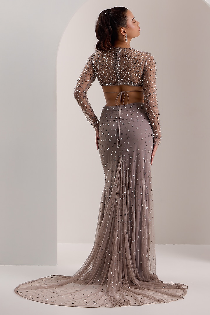 Grey Soft Net Embellished Bodycon Skirt Set by Silky Bindra at Pernia's Pop Up Shop