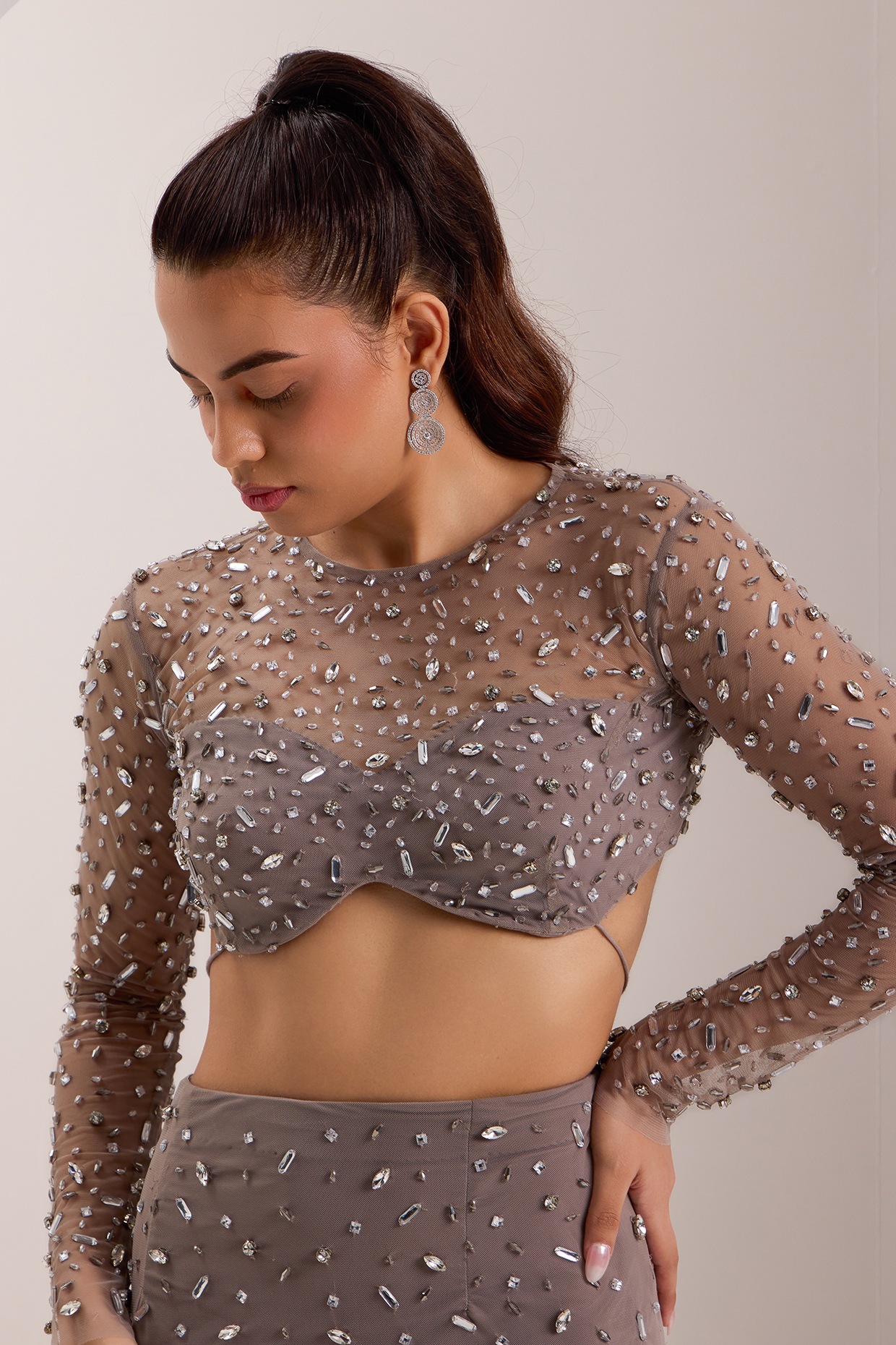 Grey Soft Net Embellished Bodycon Skirt Set by Silky Bindra