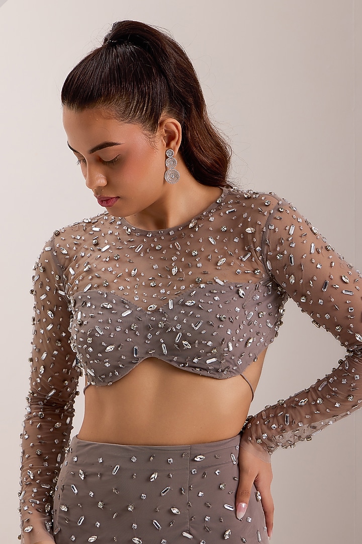 Grey Soft Net Embellished Bodycon Skirt Set by Silky Bindra at Pernia's Pop Up Shop