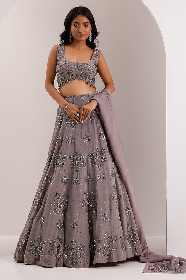 Grey Organza Embroidered Wedding Lehenga Set by Silky Bindra at Pernia's Pop Up Shop