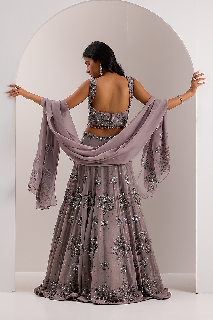 Grey Organza Embroidered Wedding Lehenga Set by Silky Bindra at Pernia's Pop Up Shop
