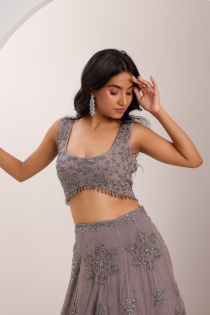 Grey Organza Embroidered Wedding Lehenga Set by Silky Bindra at Pernia's Pop Up Shop