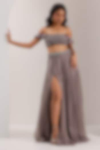 Grey Shimmer Chiffon Crystal Embroidered Frilled Skirt Set by Silky Bindra at Pernia's Pop Up Shop