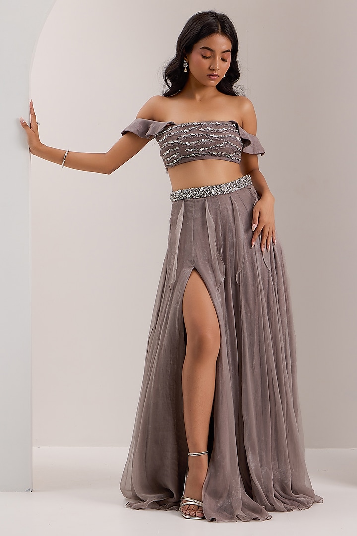 Grey Shimmer Chiffon Crystal Embroidered Frilled Skirt Set by Silky Bindra at Pernia's Pop Up Shop