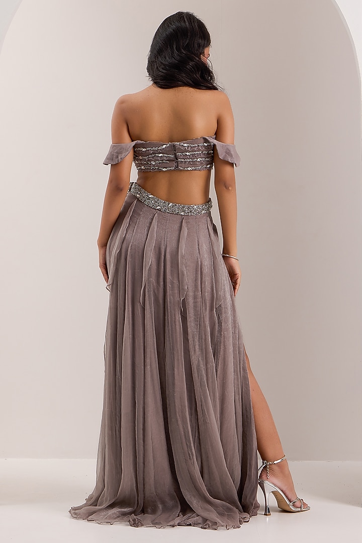 Grey Shimmer Chiffon Crystal Embroidered Frilled Skirt Set by Silky Bindra at Pernia's Pop Up Shop