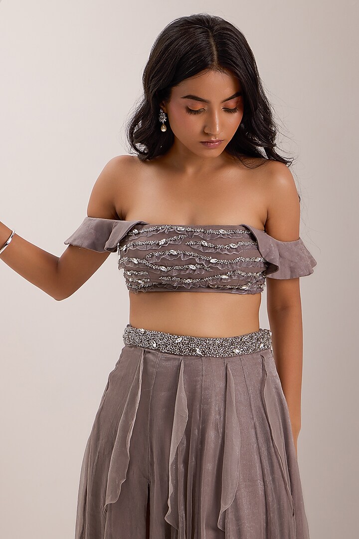 Grey Shimmer Chiffon Crystal Embroidered Frilled Skirt Set by Silky Bindra at Pernia's Pop Up Shop