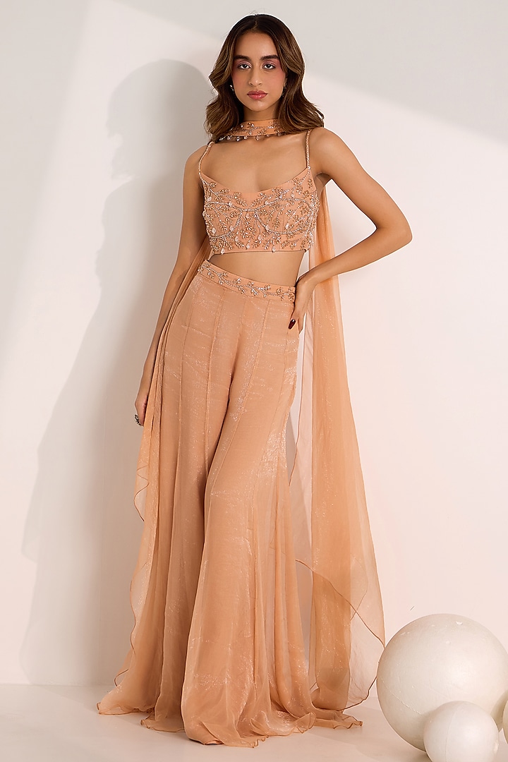 Rose Gold Shimmer Chiffon Palazzo Pant Set by Silky Bindra at Pernia's Pop Up Shop