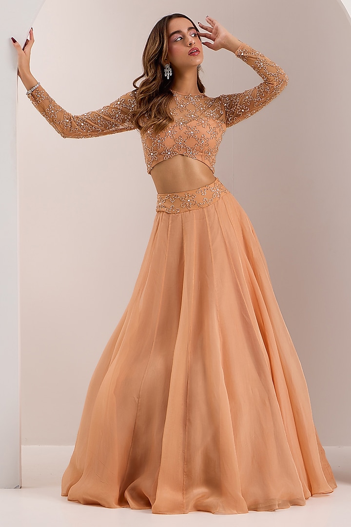 Rose Gold Organza Wedding Lehenga Set by Silky Bindra at Pernia's Pop Up Shop