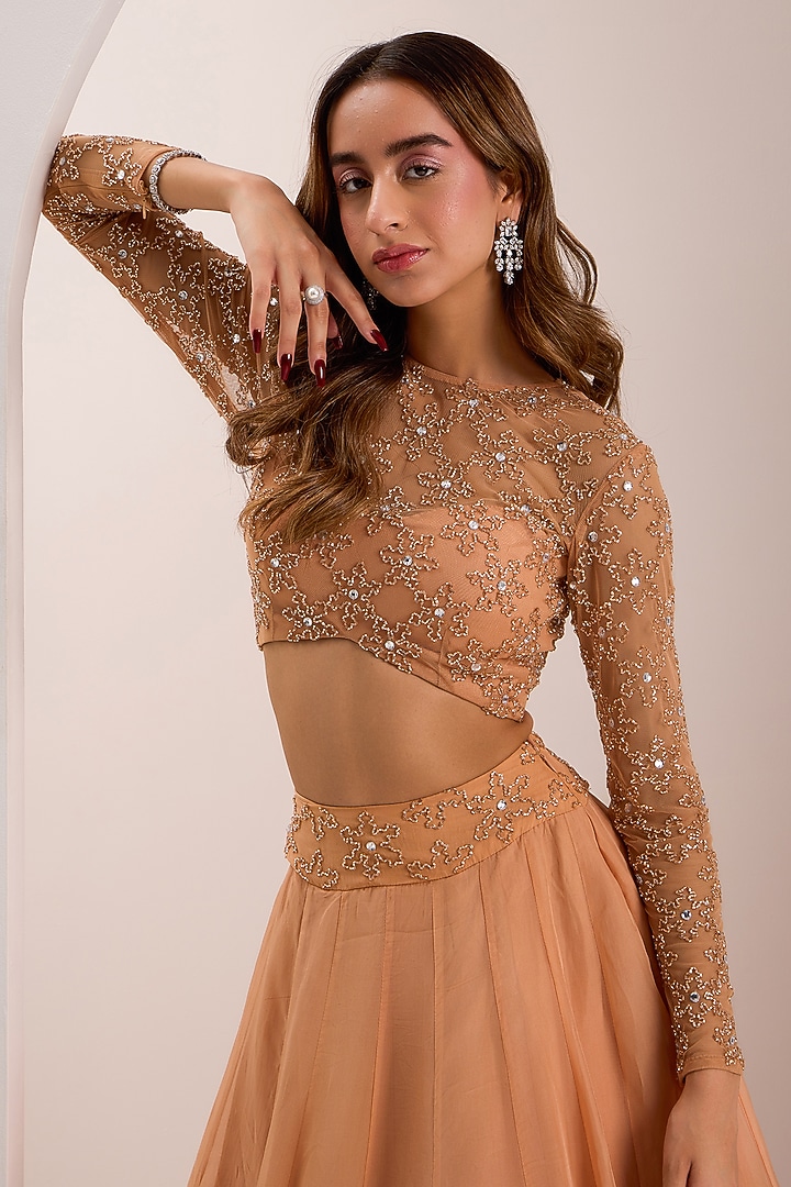 Rose Gold Organza Wedding Lehenga Set by Silky Bindra at Pernia's Pop Up Shop