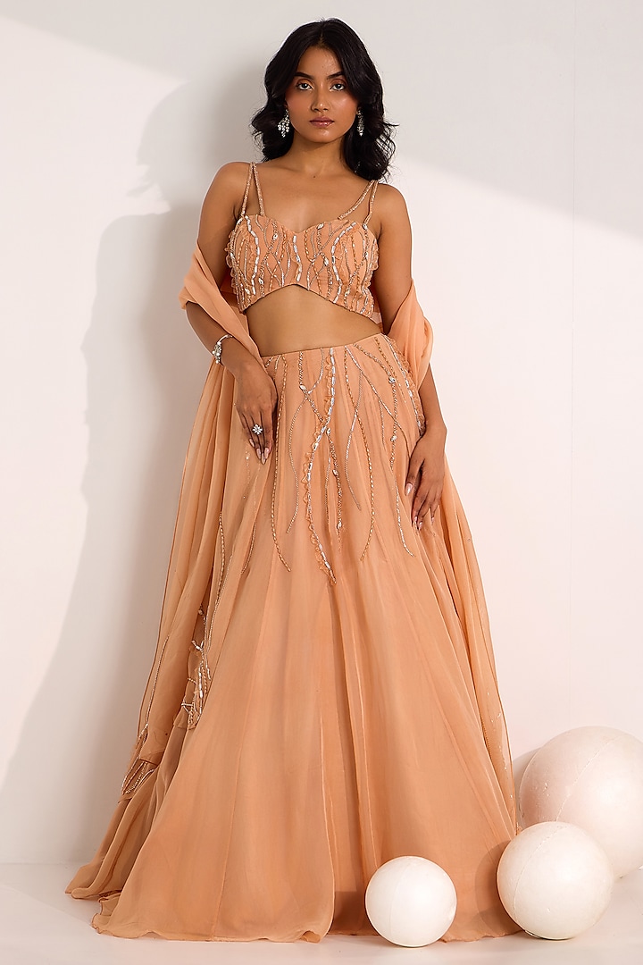 Rose Gold Organza Embroidered Wedding Lehenga Set by Silky Bindra at Pernia's Pop Up Shop