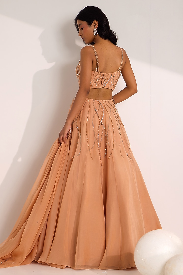 Rose Gold Organza Embroidered Wedding Lehenga Set by Silky Bindra at Pernia's Pop Up Shop