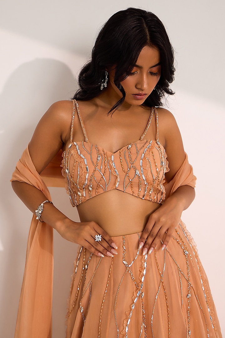 Rose Gold Organza Embroidered Wedding Lehenga Set by Silky Bindra at Pernia's Pop Up Shop
