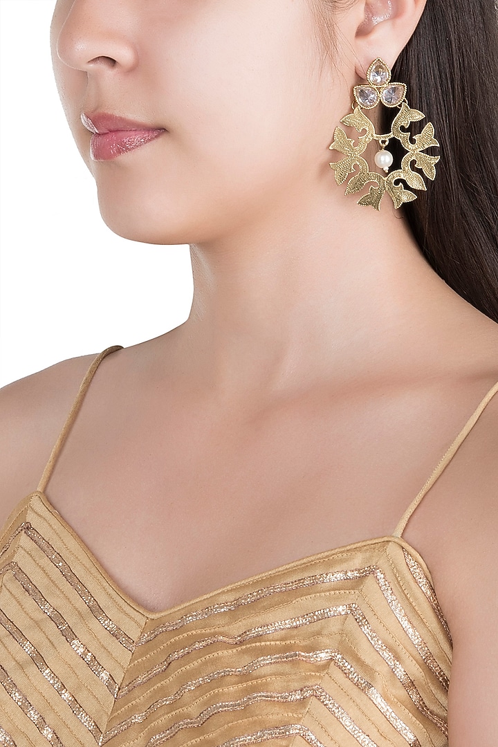 Matte Gold Finish Uncut Carved Stone Dangler Earrings by Shillpa Purii at Pernia's Pop Up Shop
