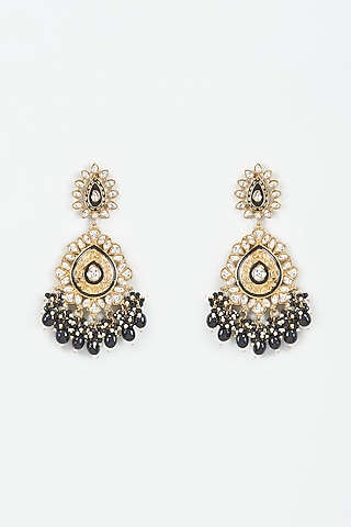 Gold Finish Kundan Polki Meenakari Jhalar Earrings by Shillpa Purii