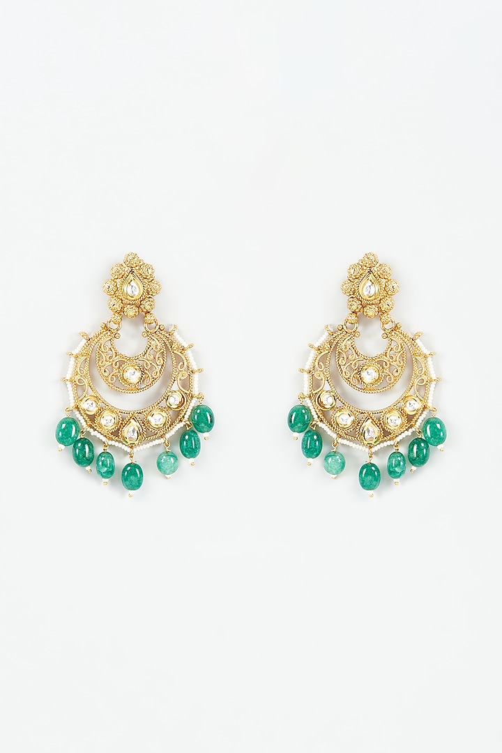 Gold Finish Kundan Polki & Emerald Chandbali Earrings by Shillpa Purii