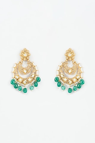 Gold Finish Kundan Polki & Emerald Chandbali Earrings by Shillpa Purii