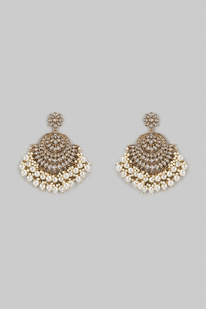 Gold Finish Synthetic Stone & Pearl Chandbaali Earrings by Shillpa Purii at Pernia's Pop Up Shop