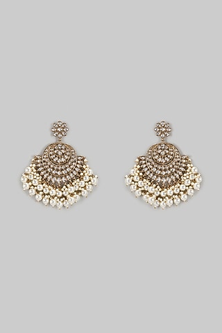 Gold Finish Synthetic Stone & Pearl Chandbaali Earrings by Shillpa Purii