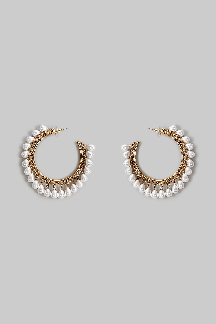 Gold Finish Pearl Hoop Earrings by Shillpa Purii