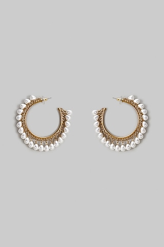 Gold Finish Pearl Hoop Earrings by Shillpa Purii