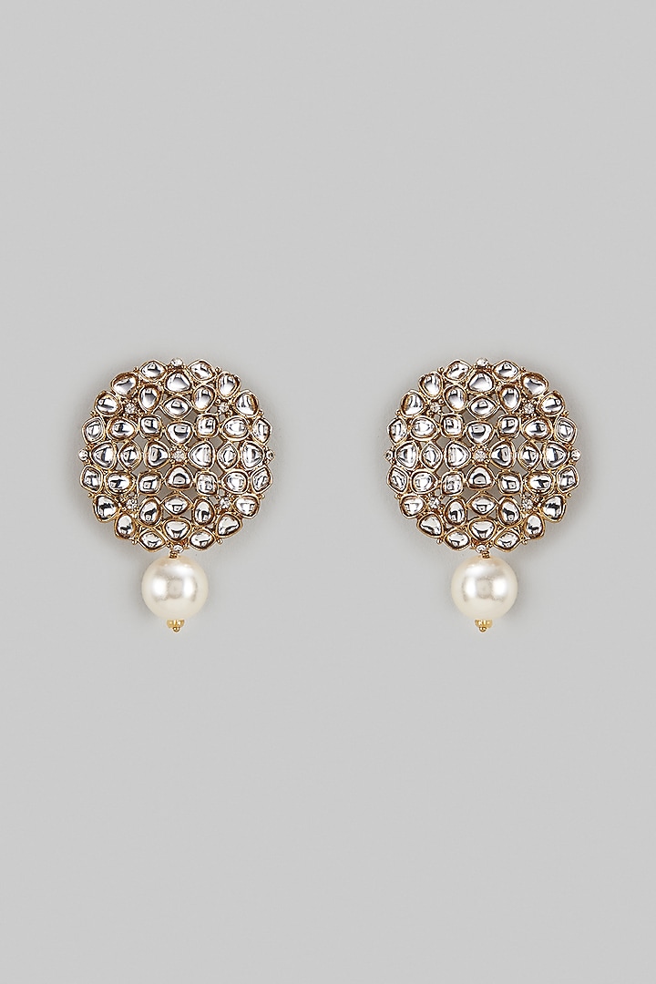 White Finish Synthetic Stone & Pearl Dangler Earrings by Shillpa Purii at Pernia's Pop Up Shop