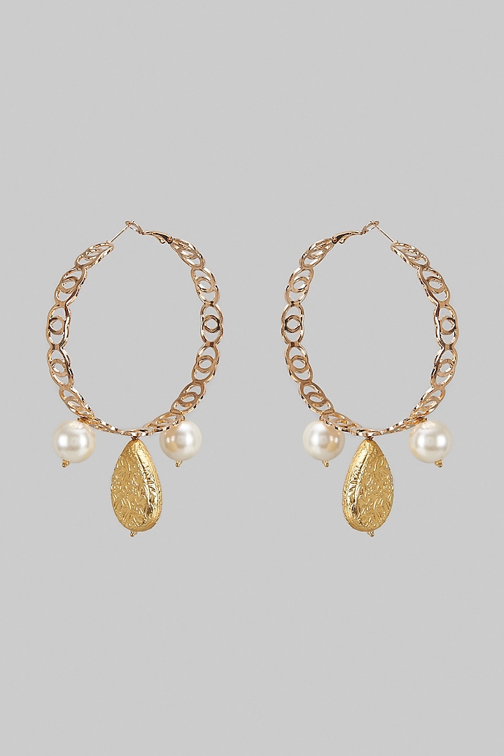 Gold Finish Pear Stone & Pearl Hoop Earrings by Shillpa Purii