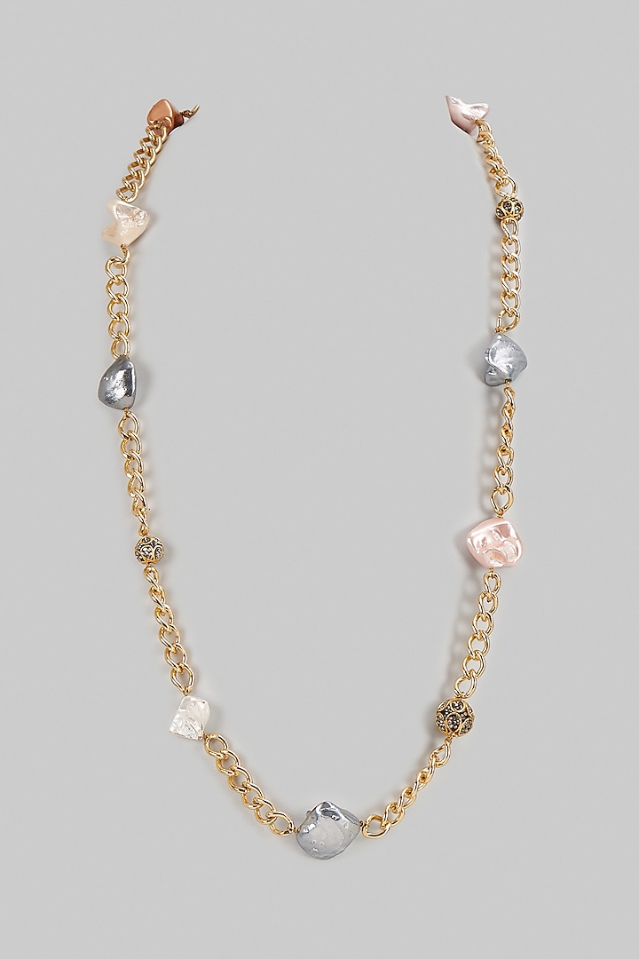 Gold Finish Pearl Long Necklace by Shillpa Purii