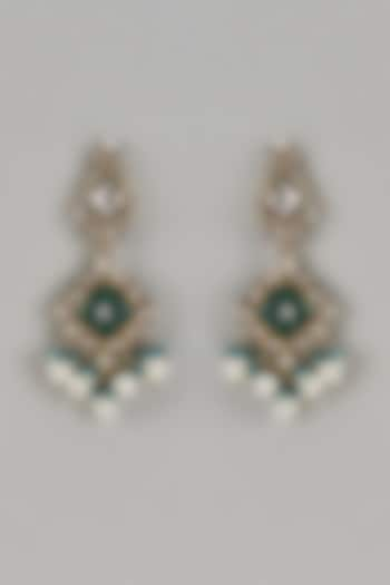 White Finish Emerald Stone & Pearl Drop Enameled Dangler Earrings by Shillpa Purii at Pernia's Pop Up Shop