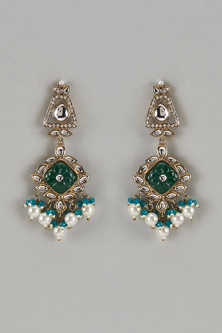 White Finish Emerald Stone & Pearl Drop Enameled Dangler Earrings by Shillpa Purii at Pernia's Pop Up Shop