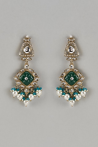 White Finish Emerald Stone & Pearl Drop Enameled Dangler Earrings by Shillpa Purii