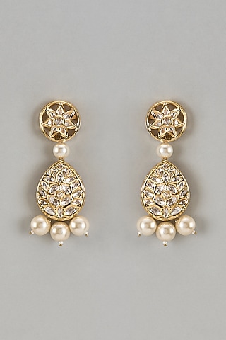 Gold Finish Kundan Polki & Pearl Drop Dangler Earrings by Shillpa Purii