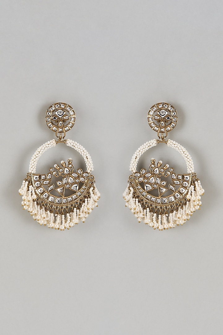 White Finish Pearl & Kundan Polki Chandbali Earrings by Shillpa Purii at Pernia's Pop Up Shop