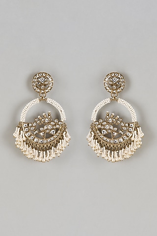 White Finish Pearl & Kundan Polki Chandbali Earrings by Shillpa Purii