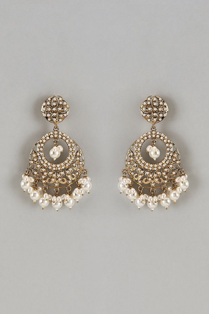 Gold Finish Pearl Drops & Aari Work Chandbali Earrings by Shillpa Purii at Pernia's Pop Up Shop