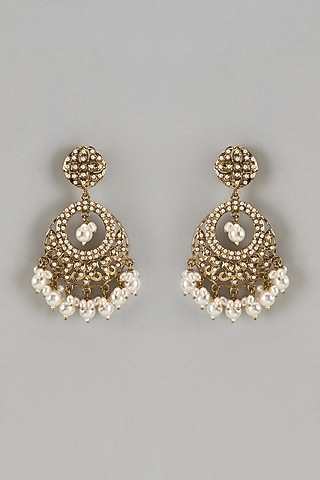 Gold Finish Pearl Drops & Aari Work Chandbali Earrings by Shillpa Purii