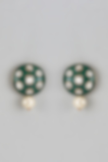 White Finish Kundan Polki & Pearl Drops Green Enameled Stud Earrings by Shillpa Purii at Pernia's Pop Up Shop