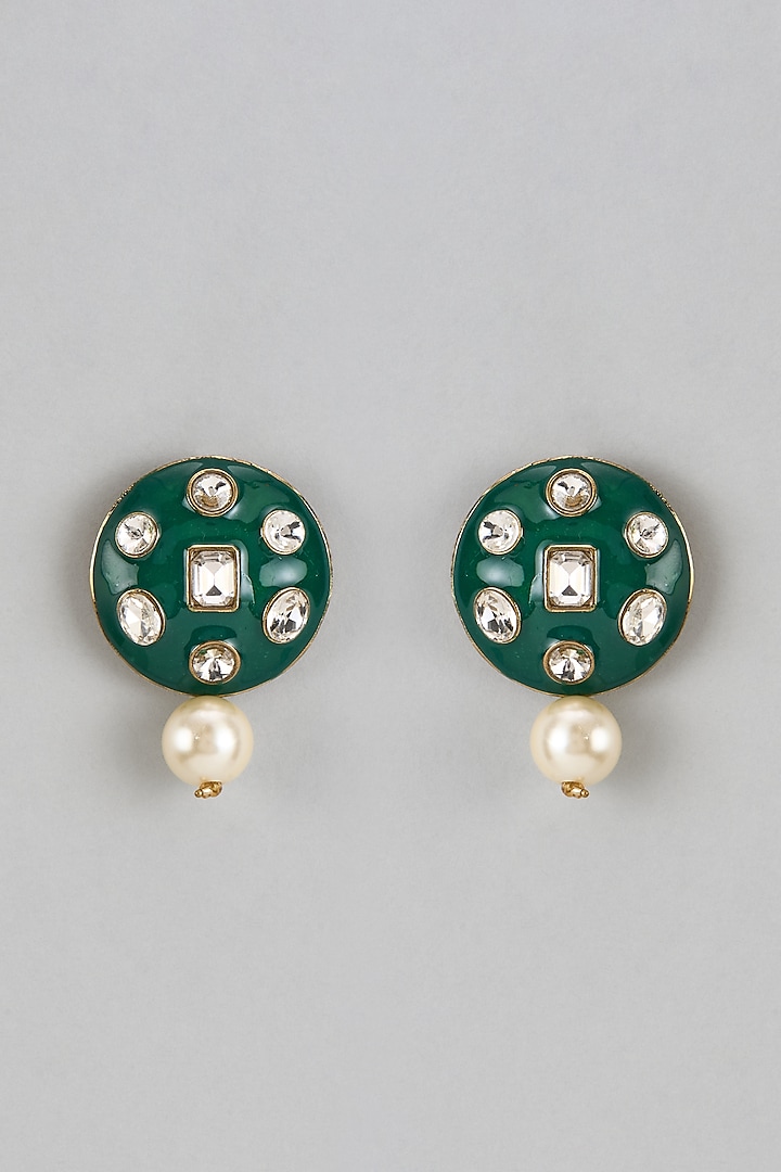 White Finish Kundan Polki & Pearl Drops Green Enameled Stud Earrings by Shillpa Purii at Pernia's Pop Up Shop