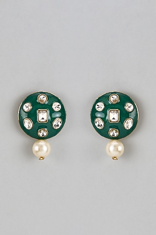 White Finish Kundan Polki & Pearl Drops Green Enameled Stud Earrings by Shillpa Purii